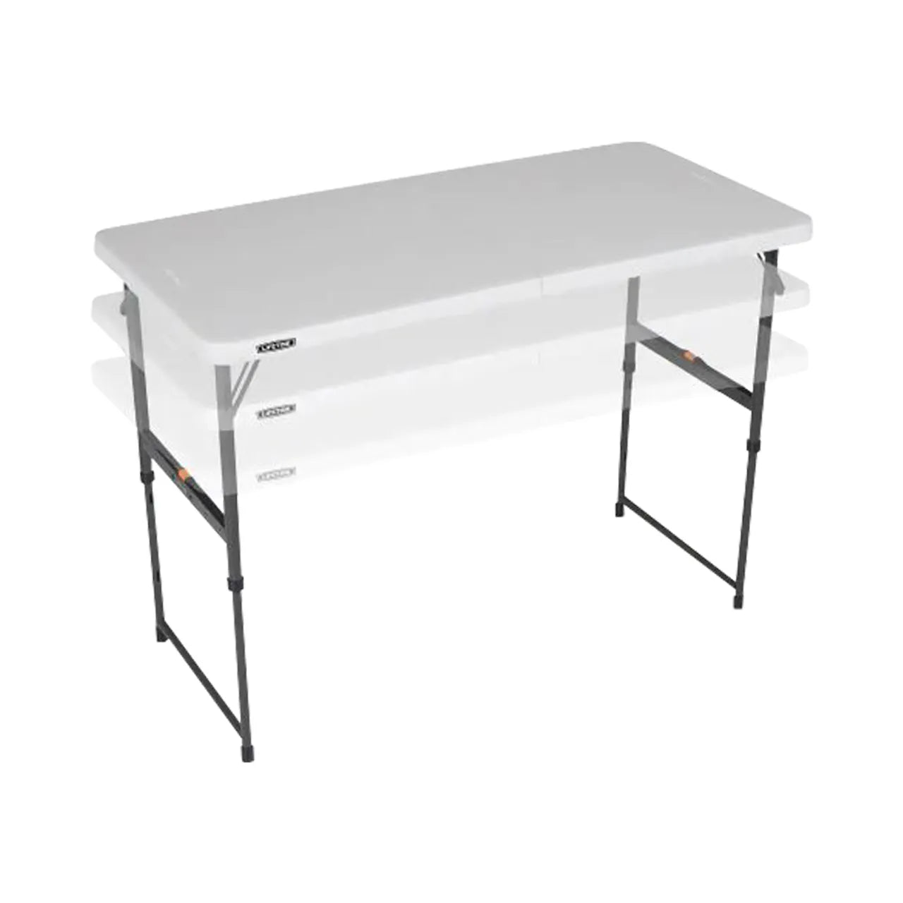 The Go Build 4 ft. One Hand Adjustable Height Fold-in-Half Table in Almond, with black metal legs, is displayed at three heights on a white background—ideal as a portable folding table for any occasion.